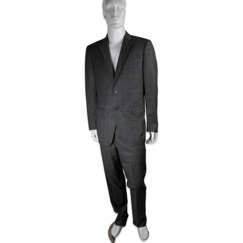 M. Penner Houston Grey Windowpane Plaid Wool Suit 46R Jacket / 37W x 31.5L Pants